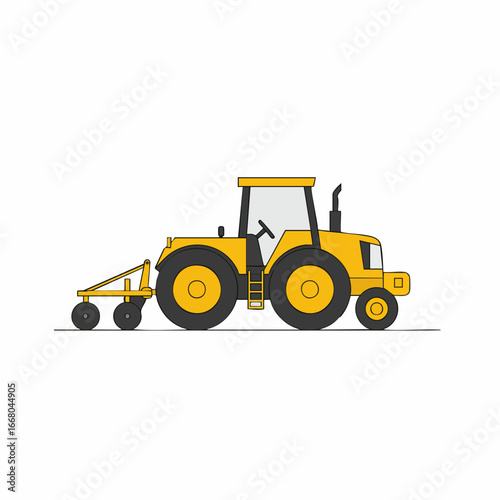 Yellow Tractor with Plow, Side View, Agricultural Machinery Illustration.