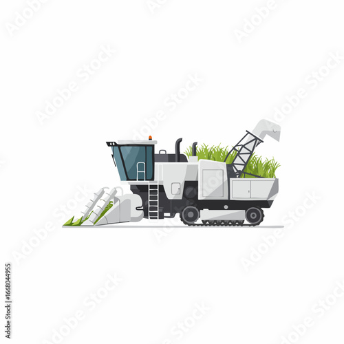 Modern white forage harvester with green grass, side view, vector illustration