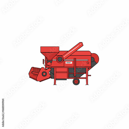 Detailed Red Agricultural Thresher Machine Depicted in Vector Illustration