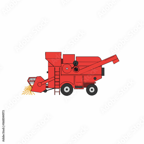 Red Combine Harvester Harvesting Wheat, Agricultural Machinery Illustration.