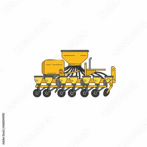 Yellow Seed Drill with Multiple Planting Units and Connecting Tubes Illustration