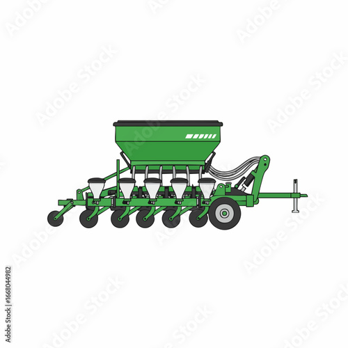 Green Agricultural Seed Drill with Hopper and Multiple Seed Dispensers