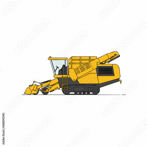 Detailed Yellow Combine Harvester Illustration with Tracked Undercarriage and Extended Arm