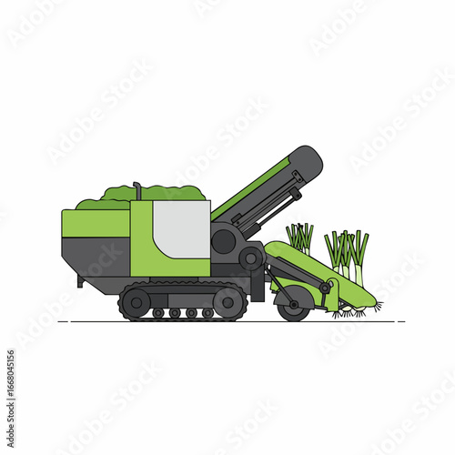 Modern Agricultural Harvester Harvesting Leeks in a Field, Side View