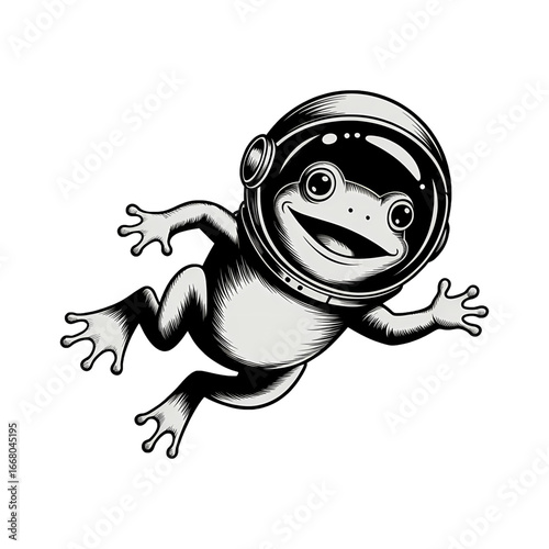 Frog in space suit floating in the cosmos with a joyful expression and vibrant design elements