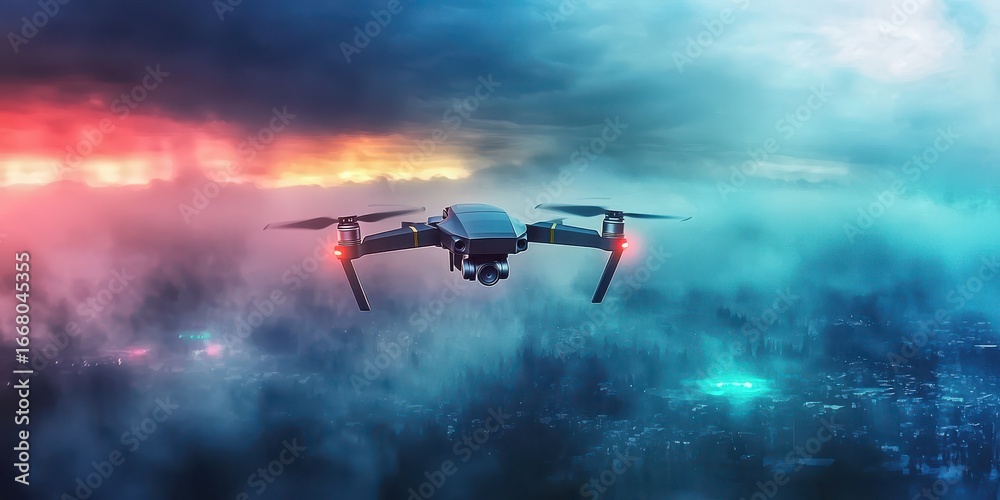 Fototapeta premium A sleek drone flies through a vibrant, cloud-filled sky, showcasing a stunning mix of colors during sunset or sunrise.