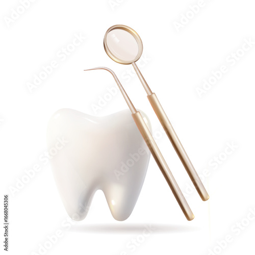 Tooth with dental instruments, dental mirror, and dental probe