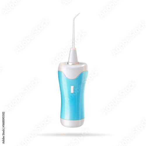 Blue and white water jet dental irrigator on a white background. Cleaning teeth with water.