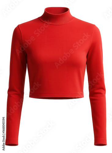 Bright red long sleeve top with a mock neck and slight crop