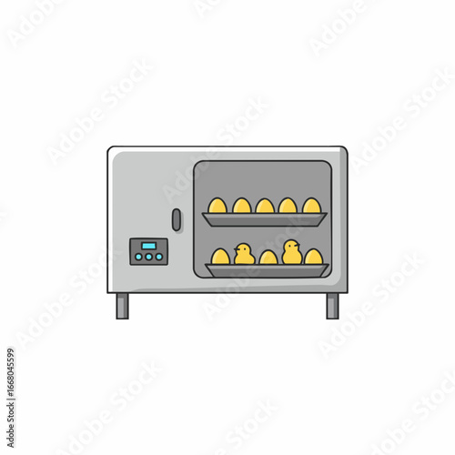 Cartoon incubator with eggs and chicks, hatching process illustration