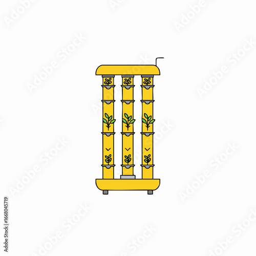 Yellow hydroponic tower garden with three vertical columns and green leafy plants