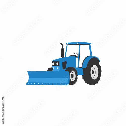 Blue Tractor with Snow Plow, Side View, Vector Illustration, Isolated.