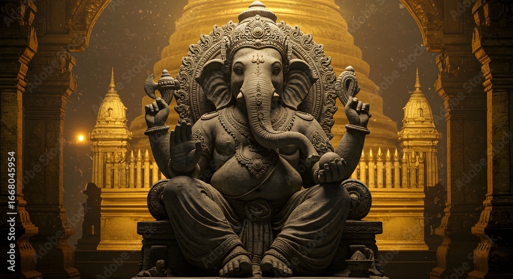 Fototapeta premium Majestic Lord Ganesha Stone Statue with Golden Temple Background