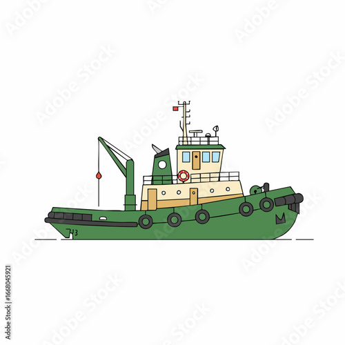 Green and Beige Harbor Tugboat with Crane and Number 743