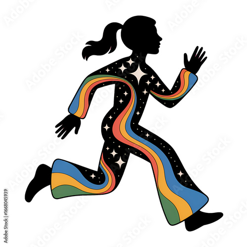 Vibrant silhouette of a runner with colorful wave patterns and cosmic details in a dynamic pose