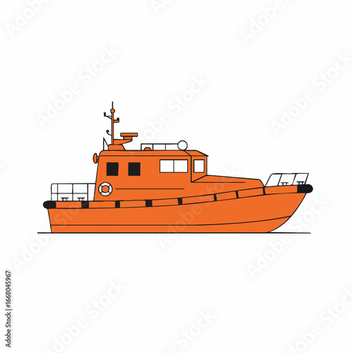 Profile View of an Orange Rescue Boat with Navigation Equipment