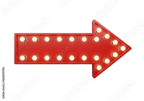 Brightly lit red arrow sign with light bulbs isolated PNG with Transparent Background