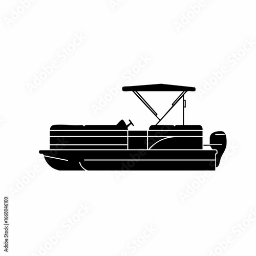 Sleek black pontoon boat silhouette with canopy and outboard motor detail
