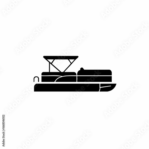 Sleek Black Pontoon Boat Silhouette with Canopy and Distinctive Design