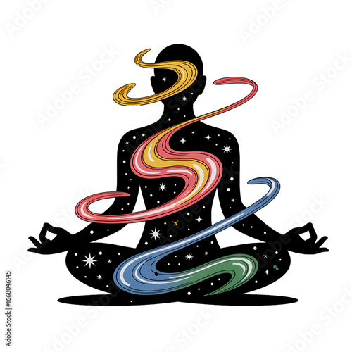 Meditation practice with colorful energy swirls in a serene pose highlighting inner peace and harmony