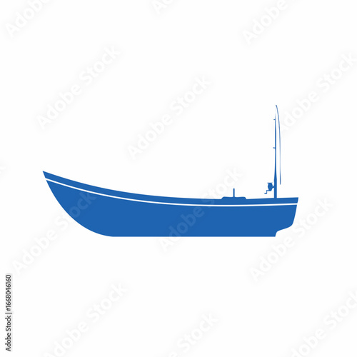 Sleek Blue Fishing Boat Silhouette with Angling Rod and Reel.