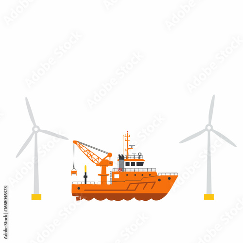 Orange Vessel with Crane and Wind Turbines, Renewable Energy Concept