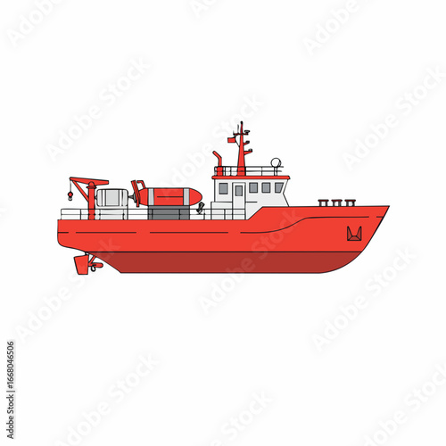 Red Research Vessel with Submersible and Crane for Marine Exploration