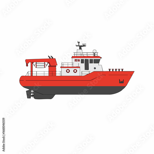 Red and Black Fishing Vessel Illustration with Detailed Crane and Structure