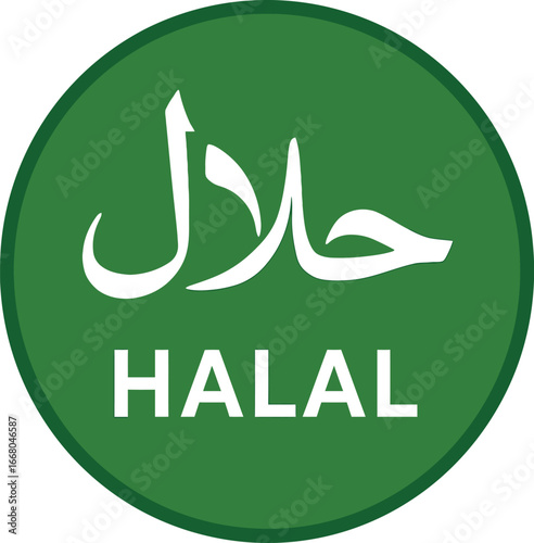 Halal Certification Icon – Green Circular Symbol with Arabic and English Text for Food Packaging, Dietary Compliance, and Islamic Product Labeling