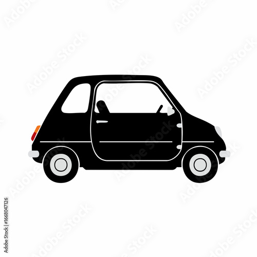 Stylized black compact car with open door and visible interior seat