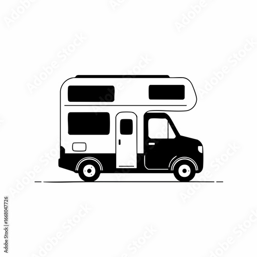 Stylized Black and White Camper Van Illustration with Distinct Window Shapes