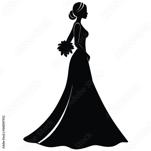Elegant bride silhouette holding flowers wedding dress