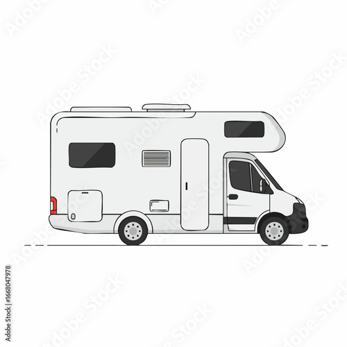 Detailed illustration of a white camper van with black accents, side view
