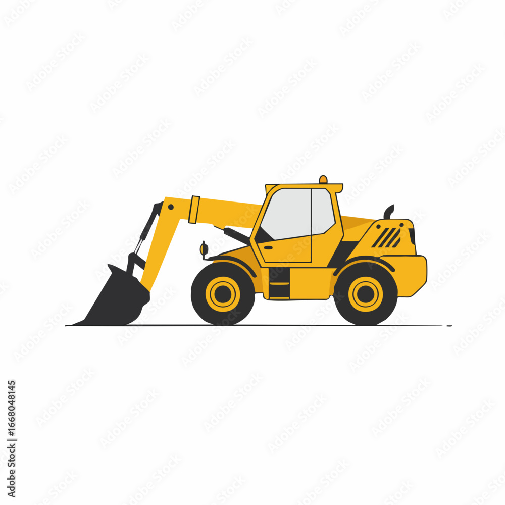 Fototapeta premium Bright Yellow Construction Excavator with Black Bucket and Wheels Illustration