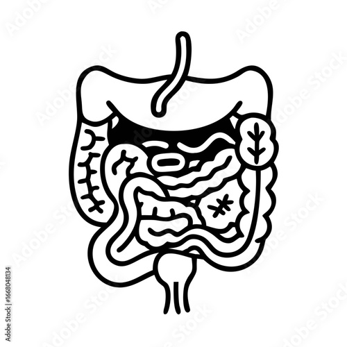 Black and white diagram of human digestive system with stomach, liver, and intestines – stock vector icon in line style