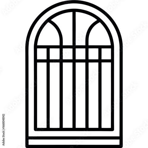 Black arched security window grill on white background iron metal