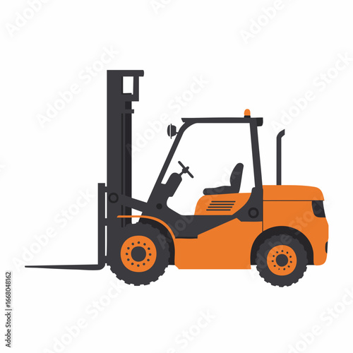 Orange and Black Forklift Truck with Raised Forks and Visible Steering Wheel