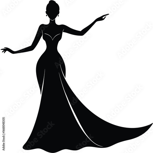 Elegant woman in flowing gown silhouette black
