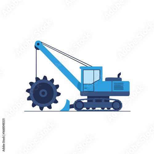Side View of a Vibrant Blue Excavator with a Large Cutting Wheel