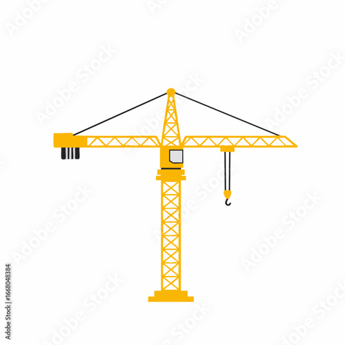 Stylized Yellow Construction Crane with Hook and Geometric Support Structure