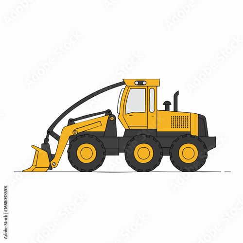 Yellow Forestry Harvester with Extended Boom and Grapple