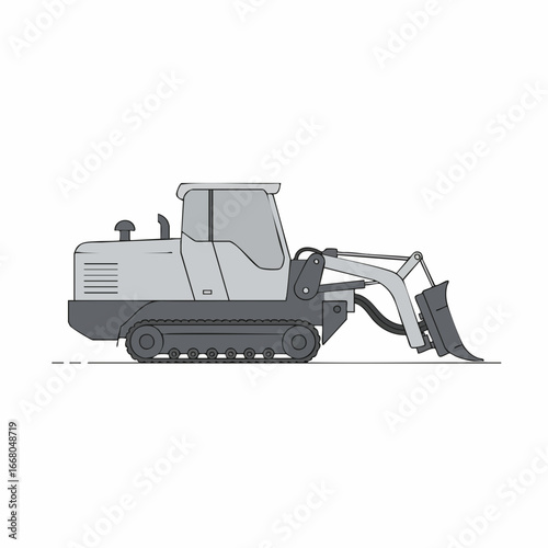 Grey Tracked Excavator with Extended Blade Side Profile Illustration
