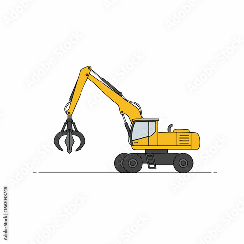 Yellow Wheeled Excavator with Grapple Claw, Side Profile Illustration