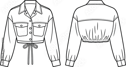 Cropped jacket sketch, front and back view, fashion flat, button-down, flap pockets, drawstring waist, elastic hem, garment design