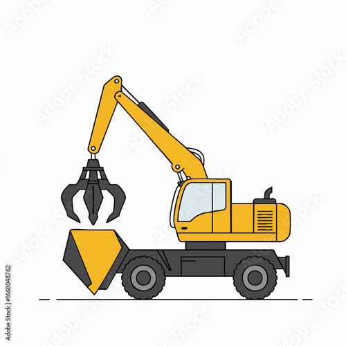 Detailed Yellow Excavator with Clamshell Bucket, Vector Illustration.