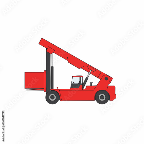Red Reach Stacker: Heavy Lifting Equipment with Extended Boom and Container Load