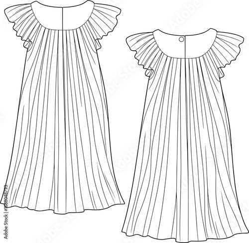 Pleated ruffle dress sketch, front and back view, fashion flat, wide sleeve, round neckline, garment design, sewing pattern, clothing template