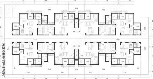 Detailed residential building floor plan, architectural layout drawing, apartment design blueprint, technical construction document for real estate, housing project.