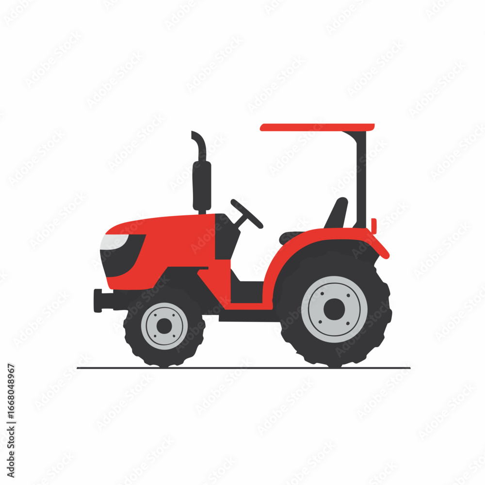 Obraz premium Vibrant Red Tractor with Black Tires and Protective Canopy, Side View.