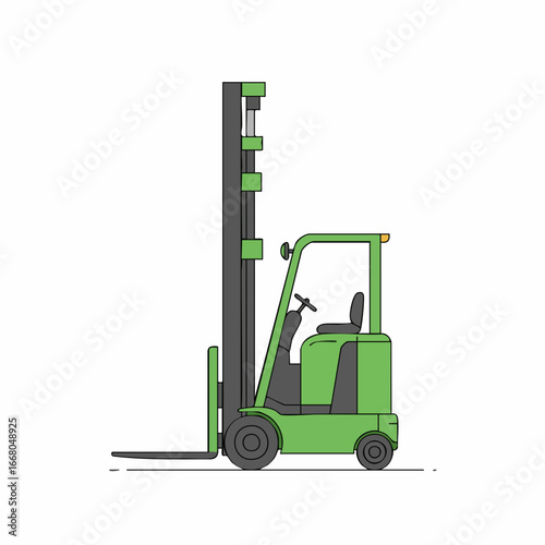 Side Profile of a Green Industrial Forklift with Elevated Mast
